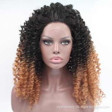 Good Quality Cheap Price Natural Swiss Lace Ombre Black Brown Long Fiber Afro Kinky Curly Synthetic Hair Wigs